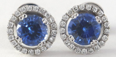 Natural Blue Sapphire Earrings with Diamond Halo