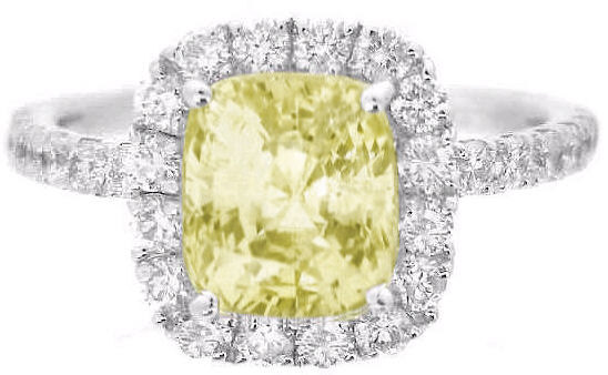 Large Cushion Cut Natural Yellow Sapphire and Diamond Halo Setting of white gold
