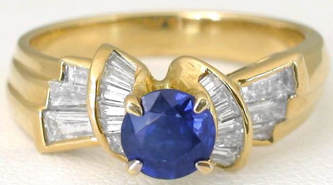 Designer Damiani Round Natural Blue Sapphire and Real Baguette Diamond Ring in 18k yellow for salegold