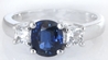 Natural Cushion Dark Royal Blue and Princess White Sapphire Three Stone Ring in 14k white gold for sale