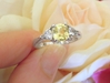 Natural Light Yellow Cushion Sapphire and Trillion Cut White Sapphire 3 Stone Engagement Ring in real 14k white gold