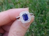 Natural Blue Sapphire Ring in 14k White Gold with Double Diamond Halo and Split Shank