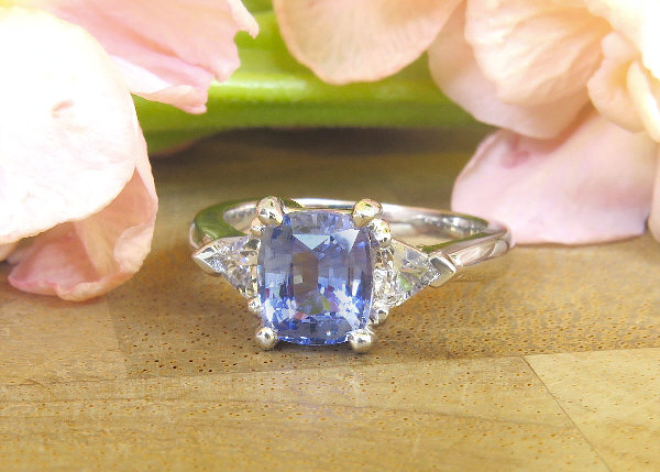 Large Cushion Cut Natural Blue and White Sapphire Engagement Ring in 14k white gold for sale