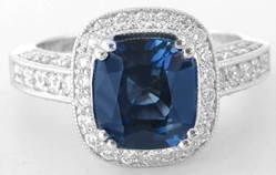 Genuine Blue Sapphire Ring with Diamond Halo- Cushion Cut in 18k White Gold