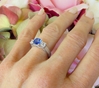 Natural Cushion Blue Sapphire and Princess White Sapphire Three Stone Engagement Ring in 14k White Gold