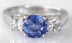 Natural Blue and White Sapphire Three Stone Ring in 14k White Gold for sale