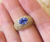 Natural Blue Sapphire and Pave Diamond Statement Ring in solid 14k yellow gold for sale