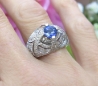 Bold scalloped natural sapphire and diamond ring with engraved 14k white gold band