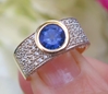 Bezel Set Natural Blue Sapphire Ring with Pave Diamonds in 18k gold