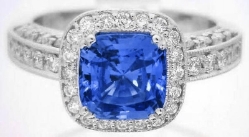 Cushion Sapphire Ring with Diamond Halo in 14k white gold