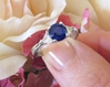 Natural Round Blue Sapphire Engagment Ring with 7mm Round CeylonSapphire and Trillion Cut Diamonds in solid 14k white gold for sale