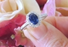 14k white gold Natural Blue Sapphire Engagement Ring with a diamond halo and diamonds in the band