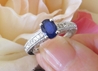 Ornate Vintage Design Natural Blue Sapphire Engagement Ring with Real Diamonds in 14k white gold