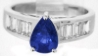 Buy a Pear Cut Natural Blue Sapphire Engagement Ring with Real Baguette Diamonds in solid 14k white gold