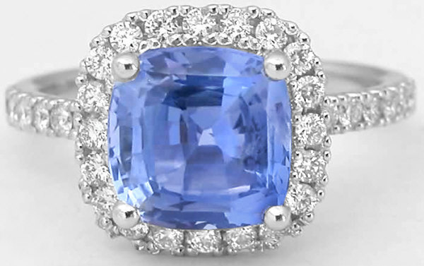 3.62 carat Ceylon Cushion Cut Sapphire & Diamond Ring in 14k white gold