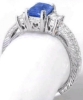 Cushion Cut Natural Blue Sapphire and Baguette Diamond Three Stone Ring in 14k white gold