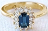 Kate Middleton Inspired Natural Sapphire Engagement Ring with Real Diamond Halo in solid 14k yellow gold for sale