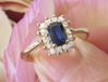 Princess Dianna Inspired Natural Sapphire Engagement Ring with Real Diamond Halo in solid 14k yellow gold for sale