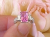 Large Radiant Cut Natural Pink Sapphire Wedding Ring with Real Baguette Diamonds channel set in a solid 14k white gold band