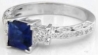 1 carat natural Princess Cut Sapphire and Diamond Engagement Ring in 14k white gold - antique design
