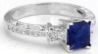 1 carat Natural Princess Cut Sapphire and Princess Diamond Engagement Ring in 14k white gold - antique design