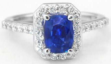 Unheated Sapphire Ring- large natural cushion cut and diamond halo ring in 14k white gold for sale