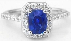 Unheated Sapphire Ring- large natural cushion cut and diamond halo ring in 14k white gold for sale