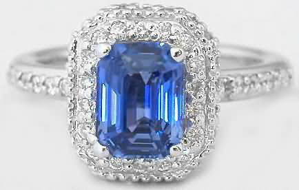 Emerald Cut Unheated Natural Blue Sapphire Ring with Real Diamond Halo in 14k white gold for sale