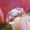 Round Diamond and Natural Trillion Pink Sapphire Engagement Ring. Real ideal cut Round Diamond Engagement Ring in 14k white gold for sale