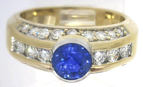 Bezel Set Real Sapphire Ring with Genuine Diamonds in 14k yellow gold