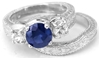 Round Real Blue Sapphire and White Sapphire Three Stone Engagement Ring and Wedding Band in solid 18k white gold for sale