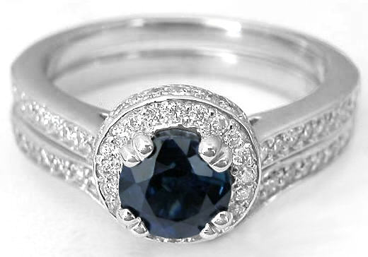 1.44 ctw Round Sapphire and Diamond Engagement Ring in 14k white gold with 0.18 ctw Diamond Matching Band