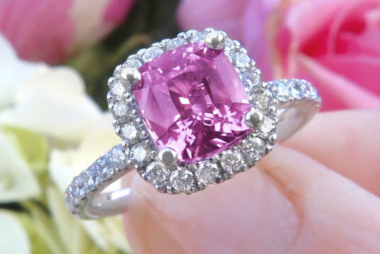 Pink Sapphire Ring with Pink Sapphire and Diamond Halos in white and rose  gold. MyJewelrySource (GR-5714)