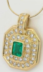 Natural Columbian Emerald and Double Diamond Halo Pendant in 18k yellow gold