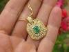 Natural Columbian Emerald and Double Diamond Halo Pendant in 18k yellow gold