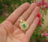 18k yellow gold Natural Columbian Emerald and Double Diamond Halo Pendant with Snake Chain