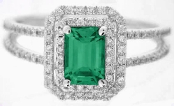 Natural Emerald Ring - Double Diamond Halo in white gold