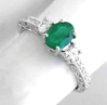 Emerald Ring - Vintage Styled 3 Stone in 14k white gold