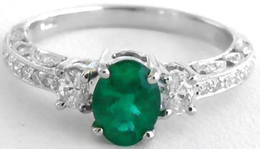Emerald Ring - Vintage Styled 3 Stone in 14k white gold