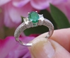 Oval Natural Emerald Ring - 3 Stone Vintage Style Engagement Ring in 14k white gold