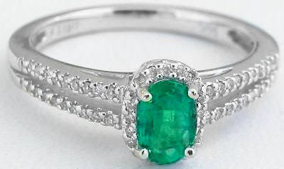 Genuine Oval Emerald and Diamond Ring in 14k white gold
