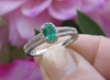 Petite Natural Oval Emerald Ring with Real Diamond Halo in 14k white gold split shank design