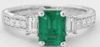 Genuine Emerald Ring with Baguette Diamonds in 14k white gold