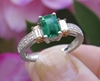 Natural 5x7mm Emerald Engagement Ring with Real Baguette Side Diamonds in solid 14k white gold