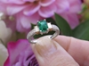 Natural Emerald Engagement Three Stone Ring with Real Baguette Diamonds in solid 14k white gold for sale