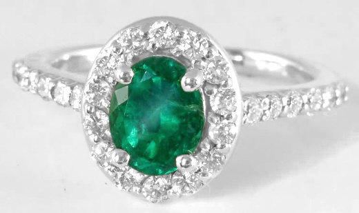 Genuine Colombian Emerald Ring - 1.21 ctw Oval Emerald and Diamond Halo Ring in 14k white gold