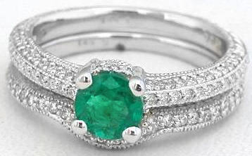 Natural Emerald Engagement Ring and Band Set in 14k white gold