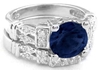 Dark Blue Natural Round Sapphire Engagement Ring and Matching Band Set in solid 14k white gold