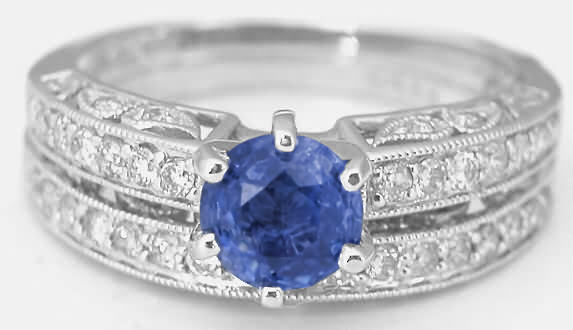 Natural Round Blue Sapphire Engagement Ring Set with Real Diamonds in an ornate vintage design 14k white gold band for sale
