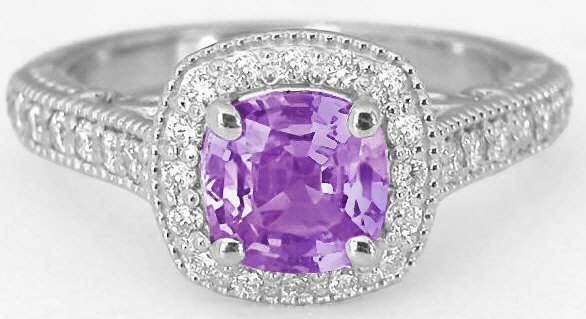 Purple Sapphire Ring - Untreated Natural Cushion Cut Sapphire with Diamond Halo in 14k white gold